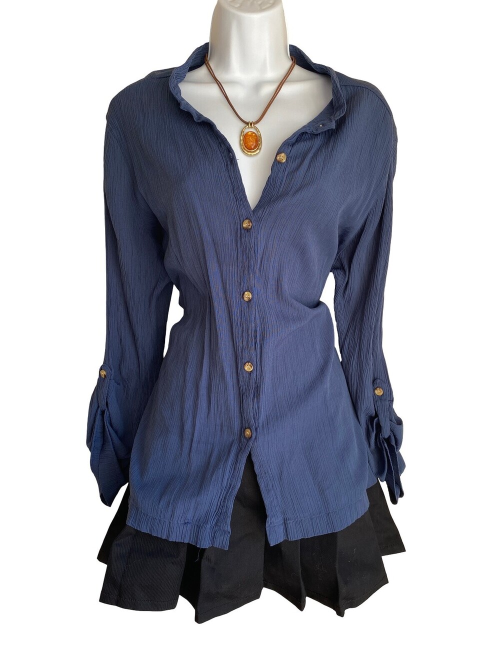 Vintage Islander Plus 1X Blue Crinkled Button Up Tunic Blouse Whimsigoth Grunge